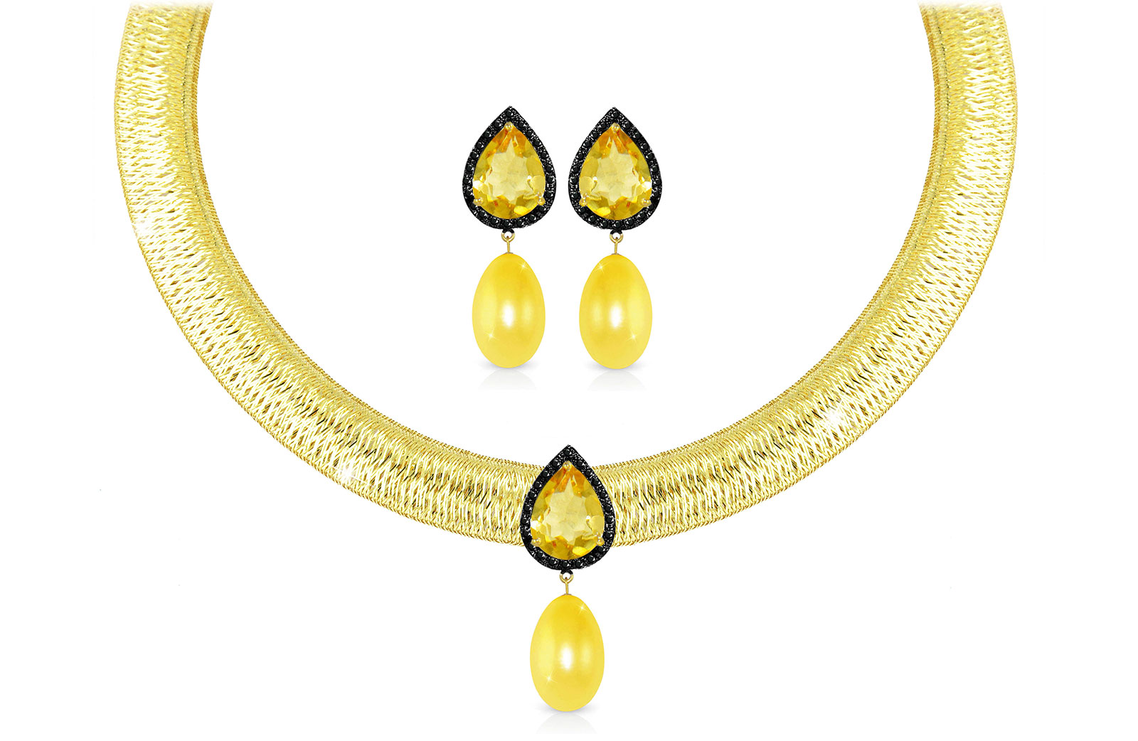 Vera Perla 18K Gold 0.36ct Black Diamonds, Citrine and 13mm Golden Pearl Jewelry Set - 2 pcs.